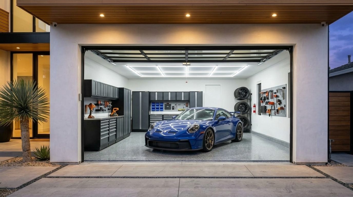 Leonard Garage Door Service Interior View of Custom Garage Door Overhead and Workshop